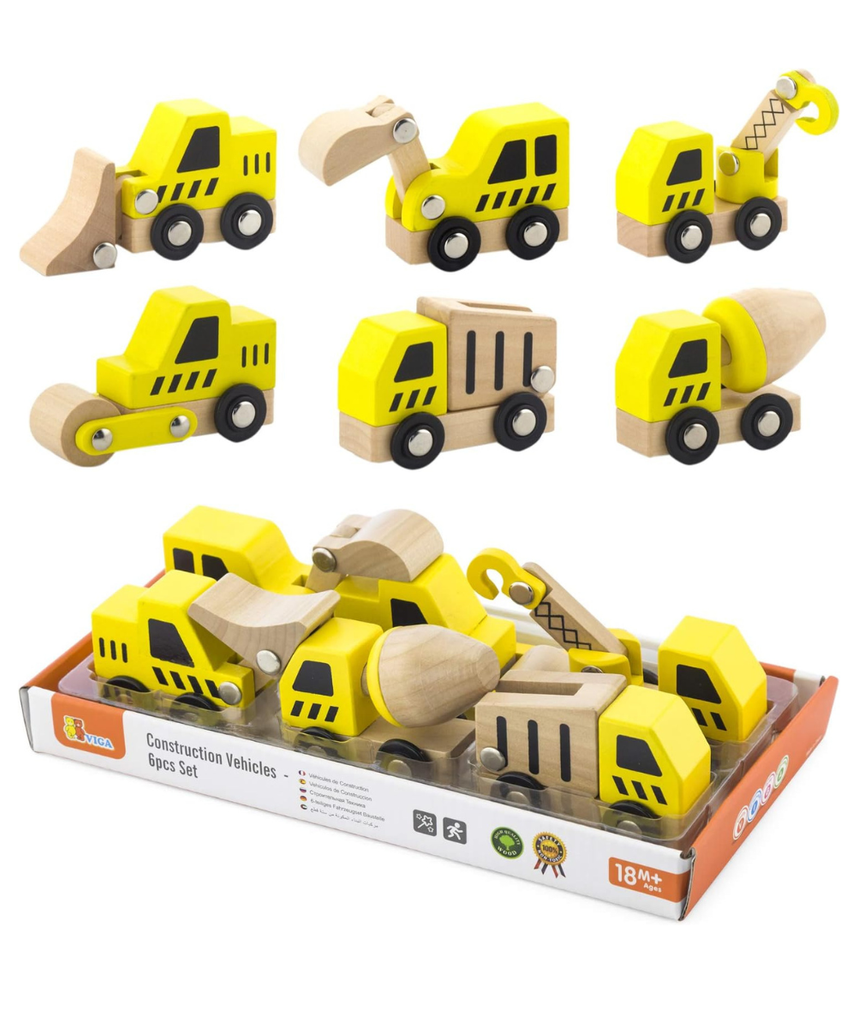 Viga Wooden Construction Vehicles Set, 6-Piece Push Along Play Trucks, Educational Toy, Ages 3+