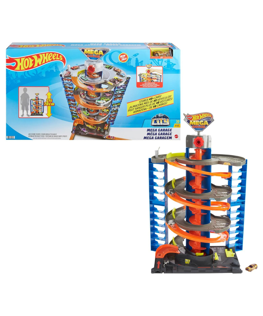 Hot Wheels City Mega Garage Playset with 1 Vehicle, 4-Level Car Garage with Corkscrew Elevator and Multi-Car Storage, Connectable Vehicle Playset for Kids 4 Years & Older