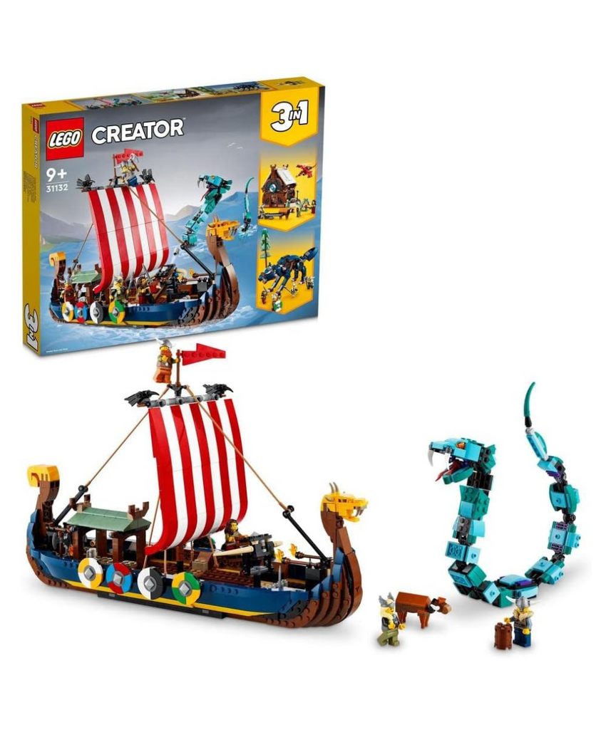 مجموعة بناء سفينة الفايكنج وثعبان ميدجارد 31132 من ليجو كريتور، 3 في 1، مع 4 مجسمات صغيرة، مناسبة للأطفال من عمر 9 سنوات فما فوق