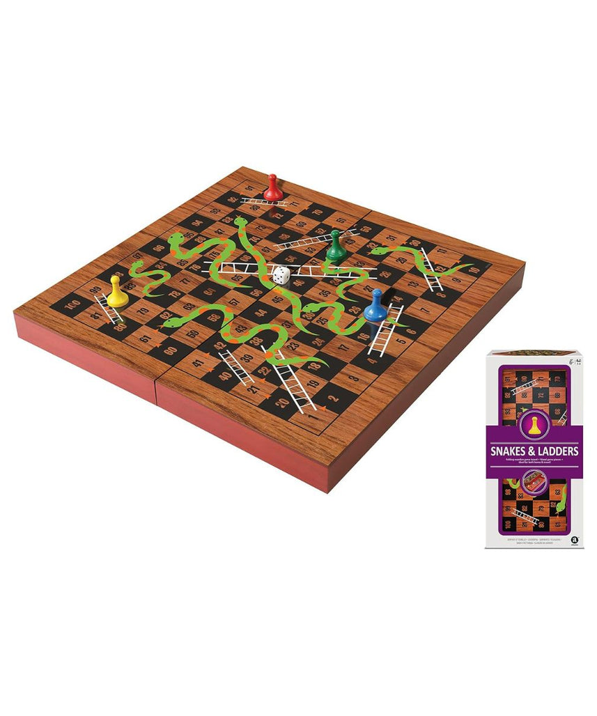 Ambassador Merchant Folding Wood Snakes & Ladders Board Game, 4 Colored Playing Pieces, 1 Dice, Magnetic Closure, 29.5cm x 29.5cm, Kids 6 Years+
