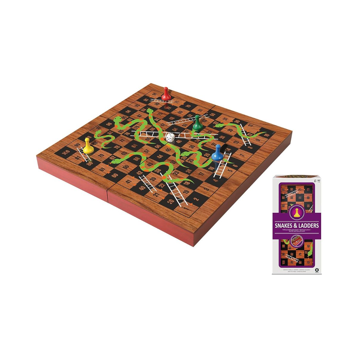 Ambassador Merchant Folding Wood Snakes & Ladders Board Game, 4 Colored Playing Pieces, 1 Dice, Magnetic Closure, 29.5cm x 29.5cm, Kids 6 Years+