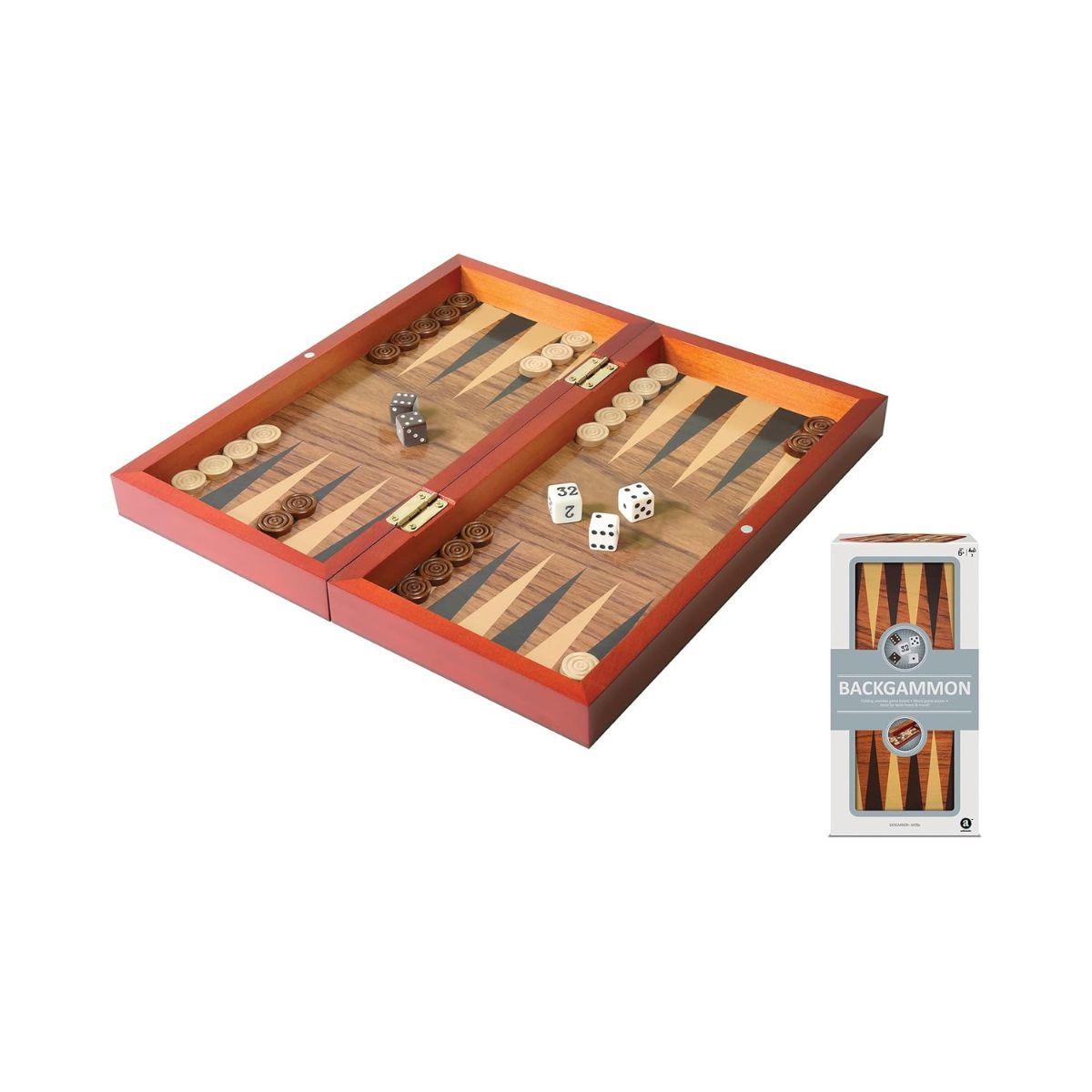 Ambassador Folding Wood Backgammon Set, 30 Light & Dark Game Pieces, 5 Dice, Magnetic Closure Board, 29.5cm x 29.5cm, Kids 6 Years+