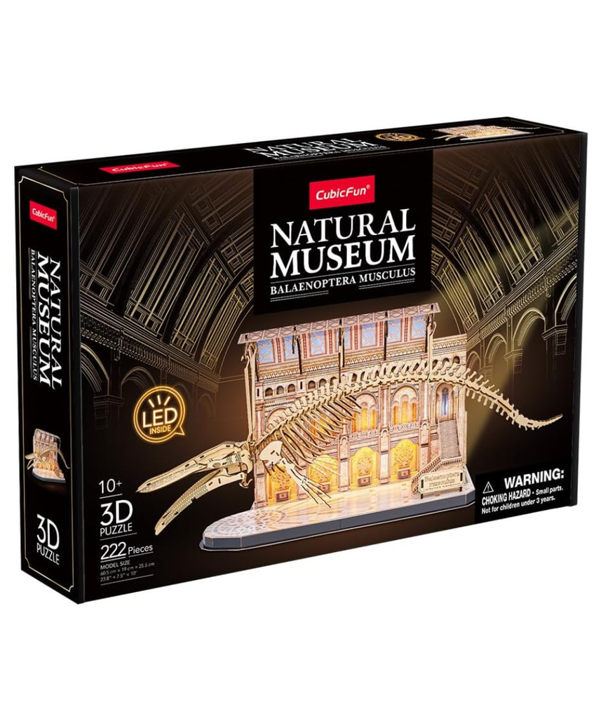 Cubic Fun Natural Museum Blue Whale Skeleton 3D Puzzle, 222 Pieces, LED Light Model Kit, Educational Fossil Building Set, Ages 6+