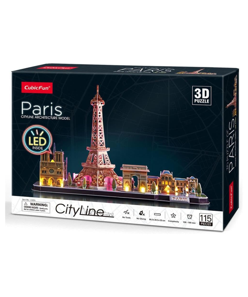 CubicFun 3D LED Puzzle City Line Paris 115 Pieces Battery Operated Architecture Model Kit Eiffel Tower Louvre Notre Dame Gift for Kids and Adults