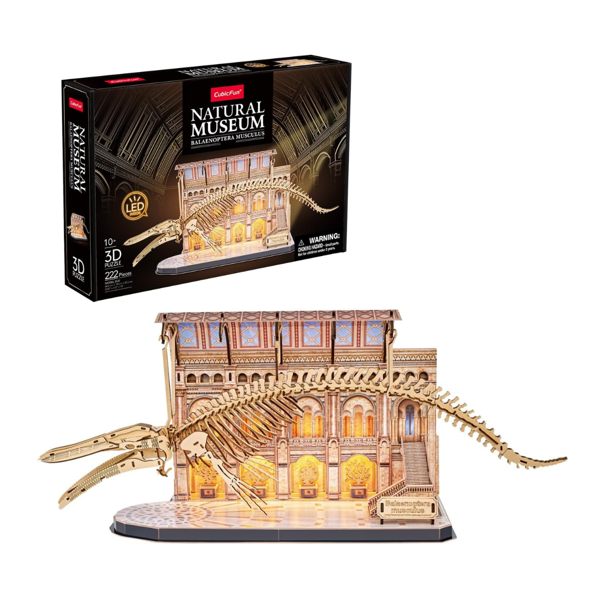 Cubic Fun Natural Museum Blue Whale Skeleton 3D Puzzle, 222 Pieces, LED Light Model Kit, Educational Fossil Building Set, Ages 6+