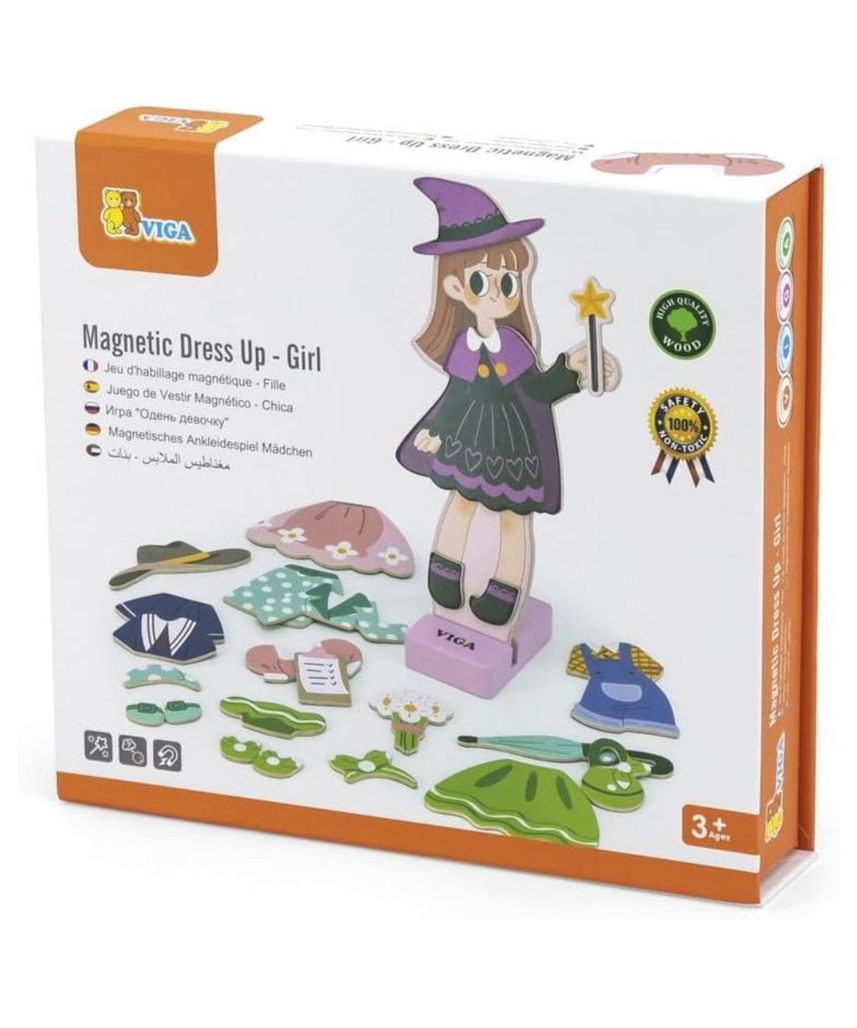 Viga Magnetic Dress Up – Girl, Wooden Magnetic Doll with 44 Dress-Up Pieces, Hand-Eye Coordination Toy, Ages 3+