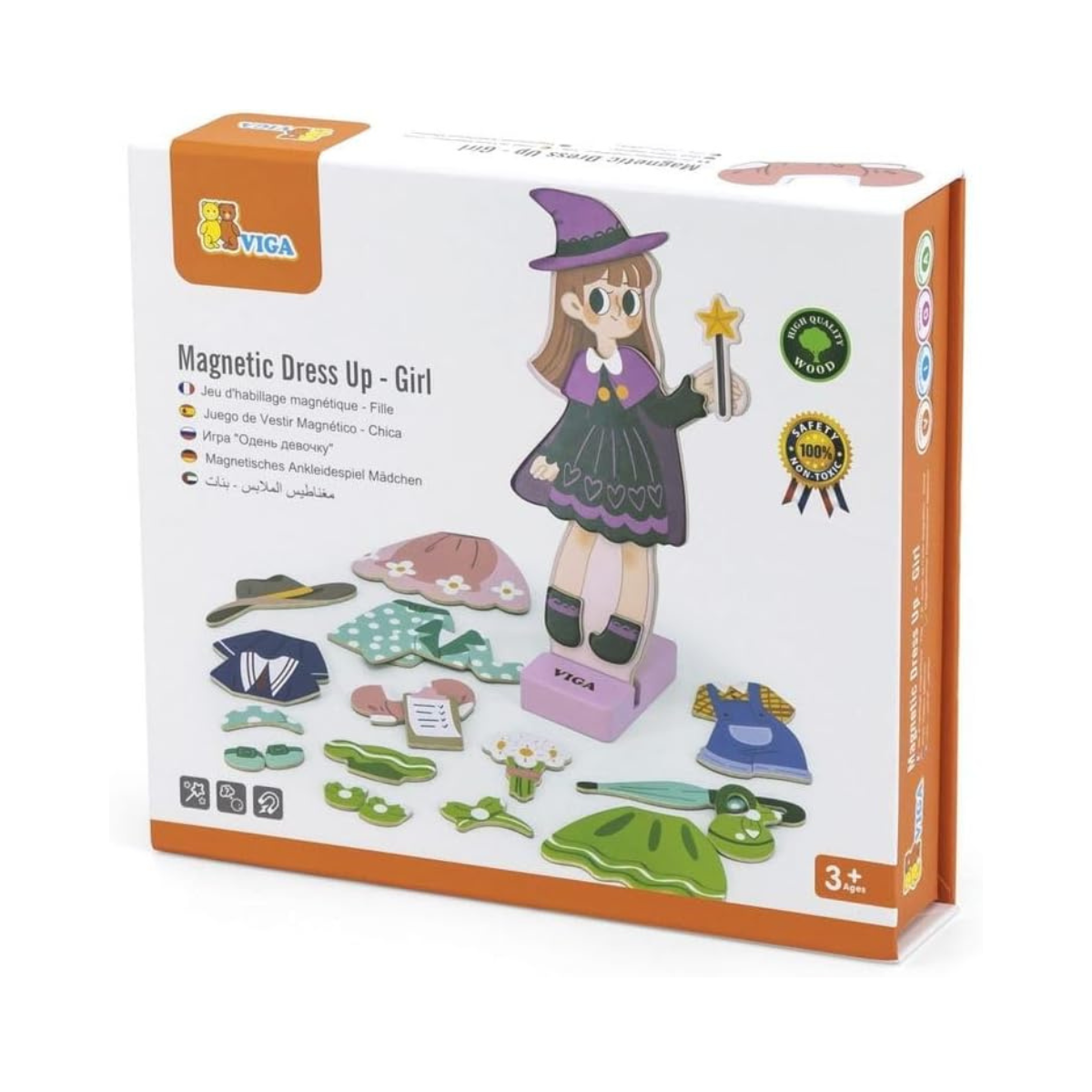 Viga Magnetic Dress Up – Girl, Wooden Magnetic Doll with 44 Dress-Up Pieces, Hand-Eye Coordination Toy, Ages 3+