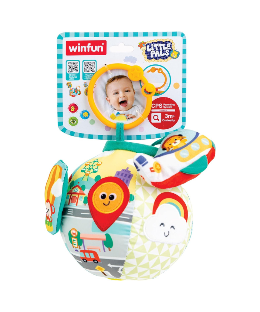 Winfun Lil Traveller Activity Ball Sensory Travel Toy for Baby Boys and Girls Ages 3 Months and Up Fine Motor Skill Development with Sounds Textures and Stroller Clip