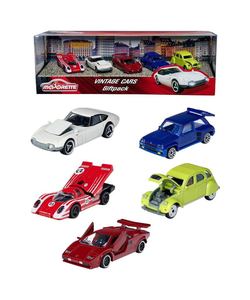 Majorette Vintage Autos 5-Piece Set – Ford Mustang, Porsche 934, Renault Alpine A110, VW Beetle & VW T1, Die-Cast Collectible Toy Cars for Kids & Collectors