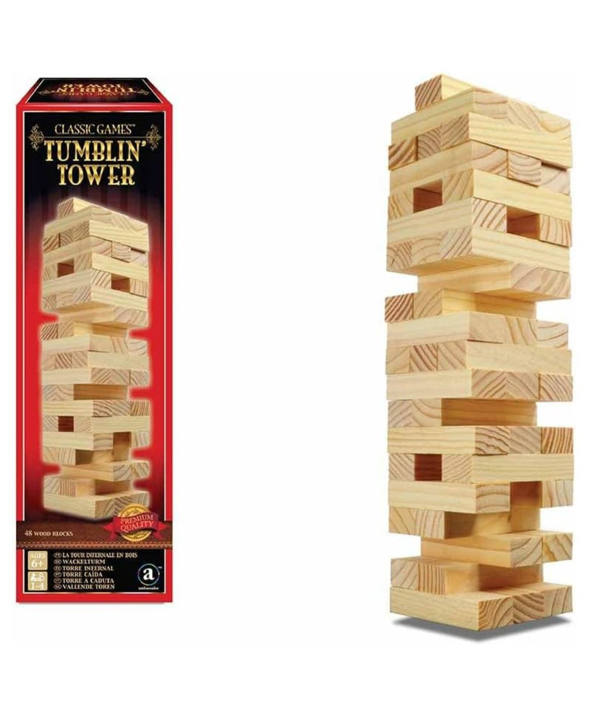 Ambassador Merchant Classic Wood Tumblin Tower, 48 Wood Blocks, Cardboard Insert, Gold Foil Gift Box, Multi Player, Family+
