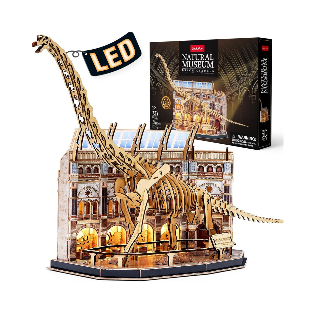 CubicFun Natural Museum Brachiosaurus 3D Puzzle Skeleton Model Kit with LED Lights, 216-Piece Dinosaur Fossil STEM Building Set for Kids & Adults