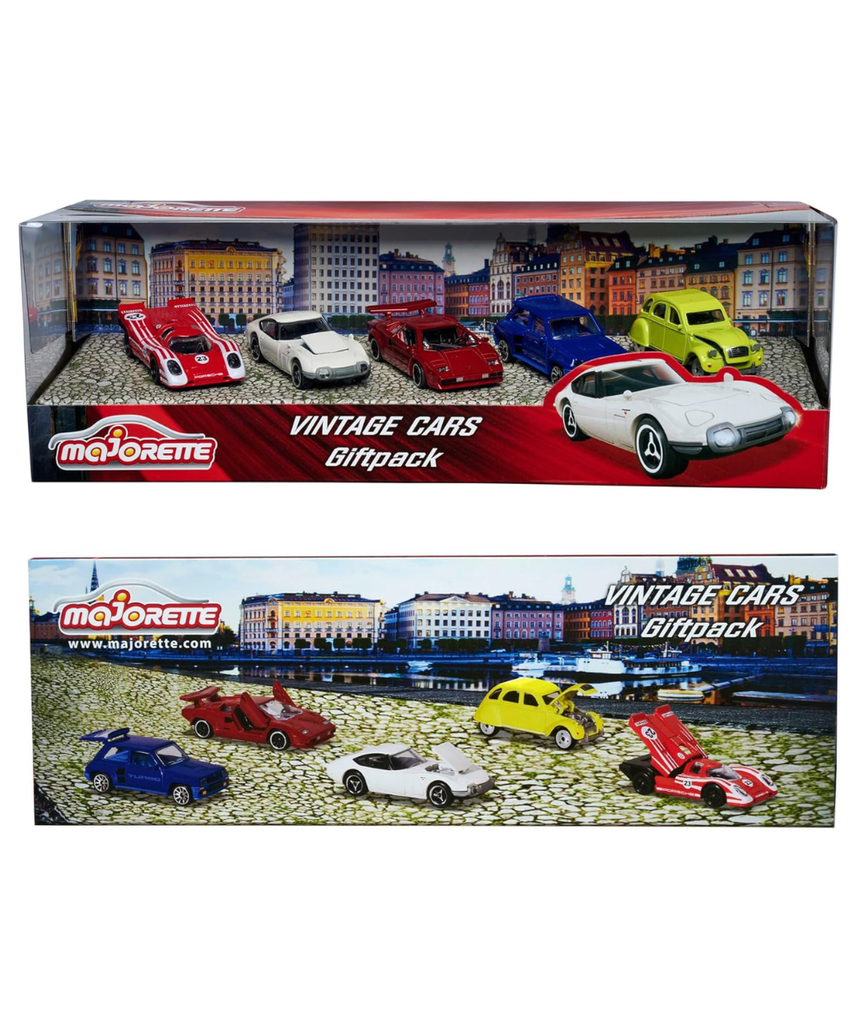 Majorette Vintage Autos 5-Piece Set – Ford Mustang, Porsche 934, Renault Alpine A110, VW Beetle & VW T1, Die-Cast Collectible Toy Cars for Kids & Collectors