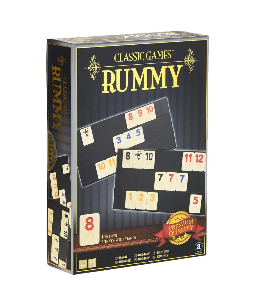 Ambassador Merchant Rummy Board & Card Games, 106 Melamine Pieces, Plastic Holder, Gold Foil Gift Box, Multi Color, +6-20 Years