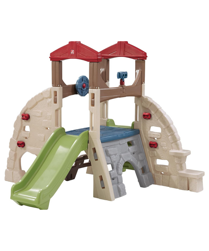 لعبة تسلق جبال الألب من ستيب 2 مع زلاجة للأطفال بعمر سنتين فما فوق، مجموعة ألعاب خارجية مع 5 جدران تسلق، زلاجة، أنفاق زحف، وعجلة قيادة، ومجموعات ألعاب ومعدات ملعب