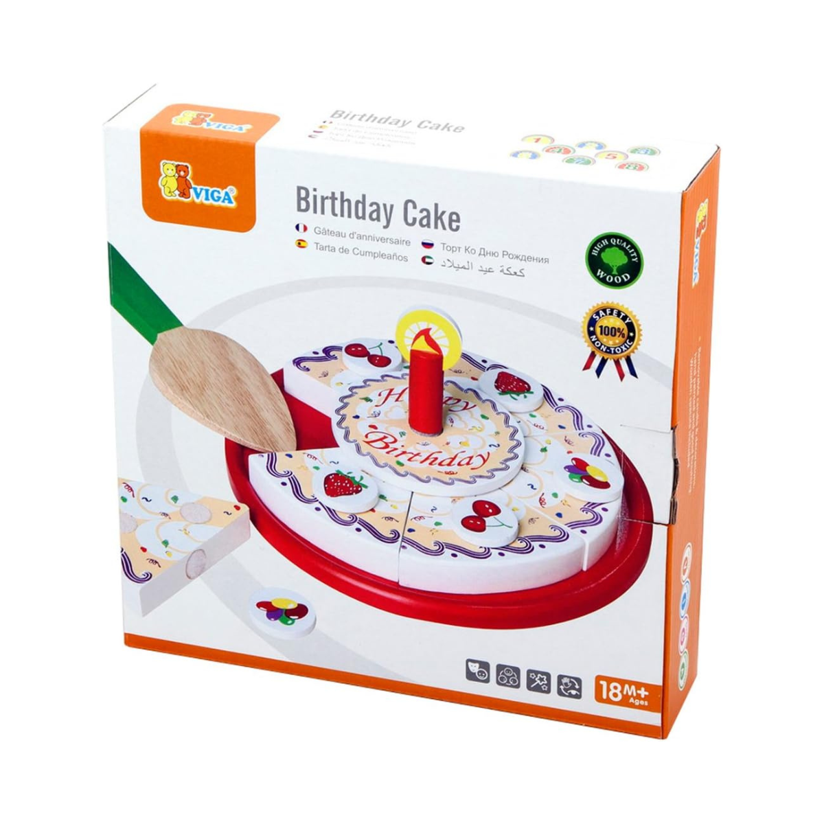 VIGA Wooden Birthday Cutting Cake Pretend Play Toy, Educational Role Play for Toddlers and Kids, Ages 1.5+