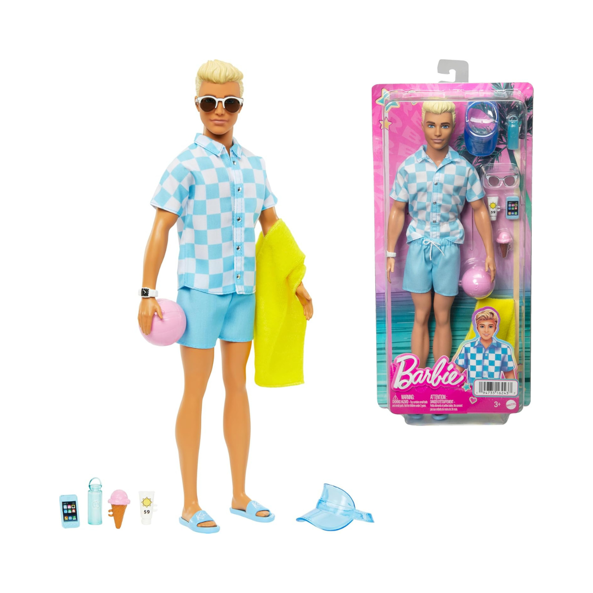 Barbie Blonde Ken Doll with Blue Button-Down and Swim Trunks, Beach-Themed Accessories for Imaginative Role Play, Ages 3+
