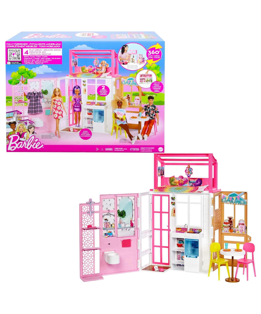 مجموعة لعب منزل باربي HCD48 الوردي اللطيف المكون من طابقين، تتضمن دمية وجراء وإكسسوارات، منزل أحلام باربي القابل للطي والمحمول للأطفال من سن 3 سنوات فما فوق