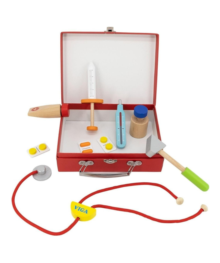 Viga Wooden Medical Kit, Role-Play Accessories Including Syringe, Tablets, Stethoscope and Medicine, Durable and Colorful Toy for Kids