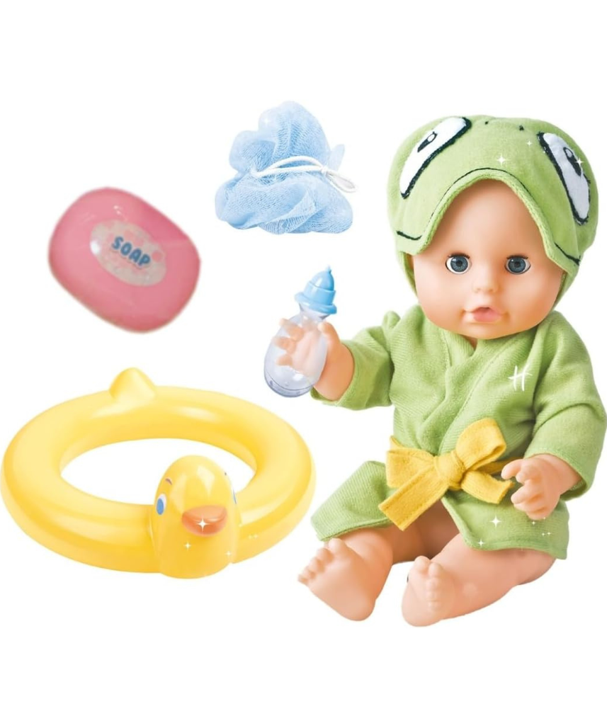 Bambolina Amore 30cm Bath Baby Doll with Vinyl Head, Arms & Legs, Blow Mold Body, Moving Eyes, Molded Hair, Painted Features, Drink and Wet Function, Includes Bathing Set