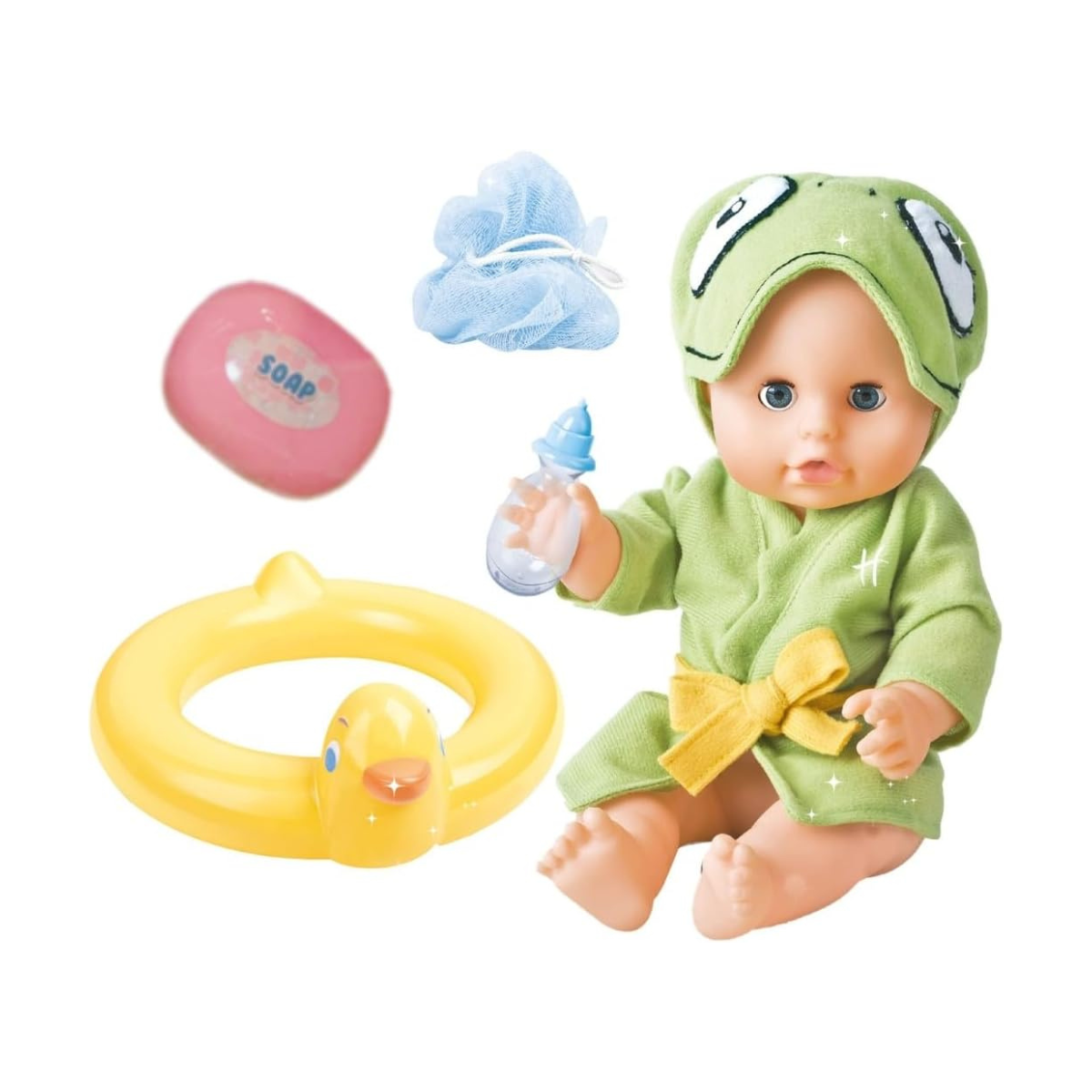 Bambolina Amore 30cm Bath Baby Doll with Vinyl Head, Arms & Legs, Blow Mold Body, Moving Eyes, Molded Hair, Painted Features, Drink and Wet Function, Includes Bathing Set