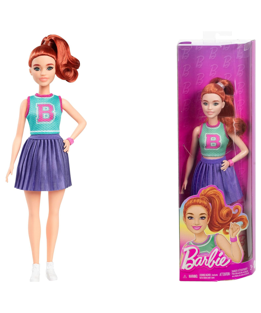 Barbie Fashionistas Doll #232 with Red Hair, Sporty “B” Jersey Top, Pleated Purple Skirt, Watch and Sneakers