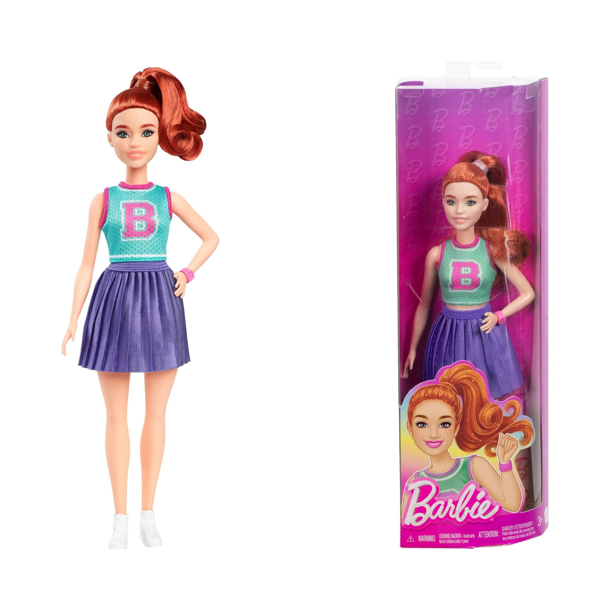 Barbie Fashionistas Doll #232 with Red Hair, Sporty “B” Jersey Top, Pleated Purple Skirt, Watch and Sneakers