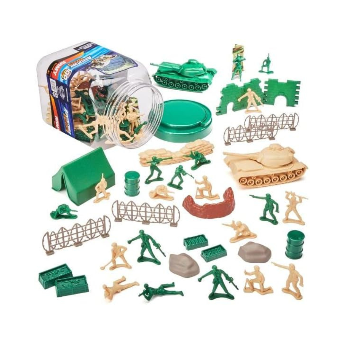 MOJO Army Bucket Playset 100-Piece Military Toy Figures Set for Kids Plastic Soldiers Accessories for Imaginative Play Ages 3 and Up