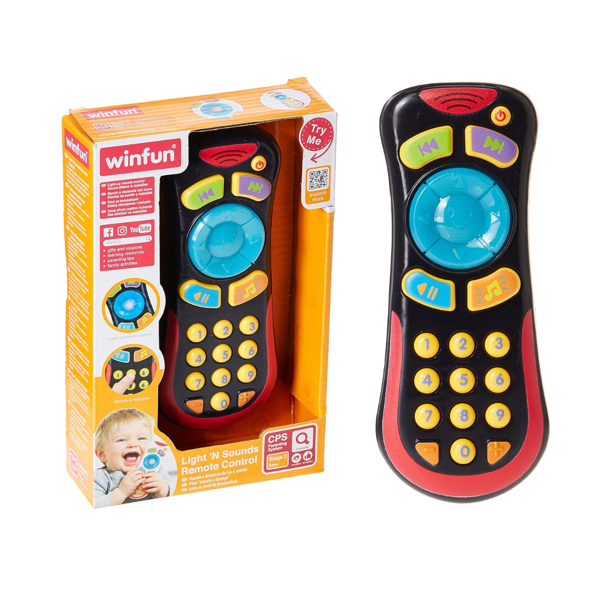 Winfun Light ’N Sounds Baby Remote Control Toy for Infants 6+ Months, Interactive Light-Up Musical Toy with Sound Effects, Easy-Grip Educational Baby Toy