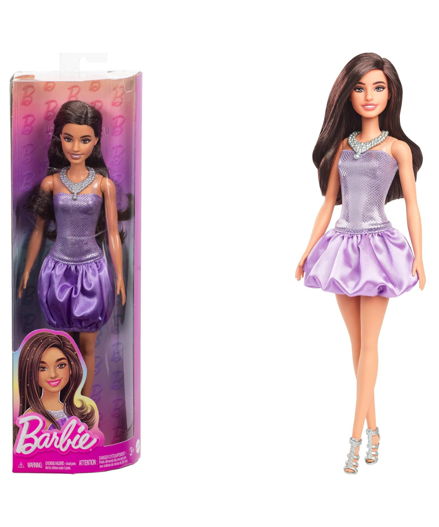 Barbie Fashionistas Doll #234 with Brown Hair, Sequined Purple Bubble Dress, Satiny Skirt, Silvery Necklace and Heels