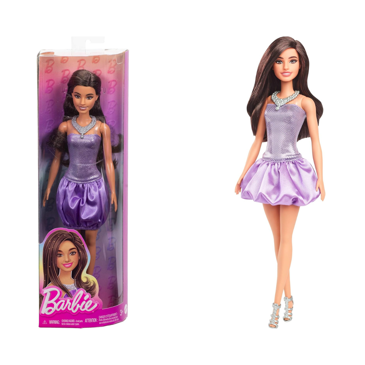 Barbie Fashionistas Doll #234 with Brown Hair, Sequined Purple Bubble Dress, Satiny Skirt, Silvery Necklace and Heels