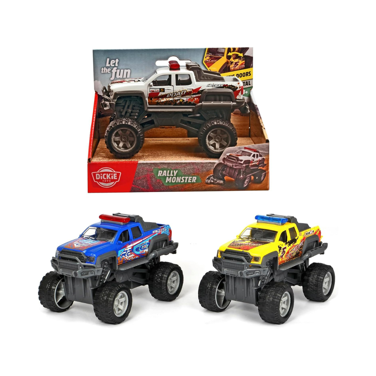 Dickie Toys Rally Monster Pull Back Toy Car 15cm, Monster Truck with Rubber Tyres, Extreme Suspension & Opening Doors, Random Color Assortment, Ages 3+