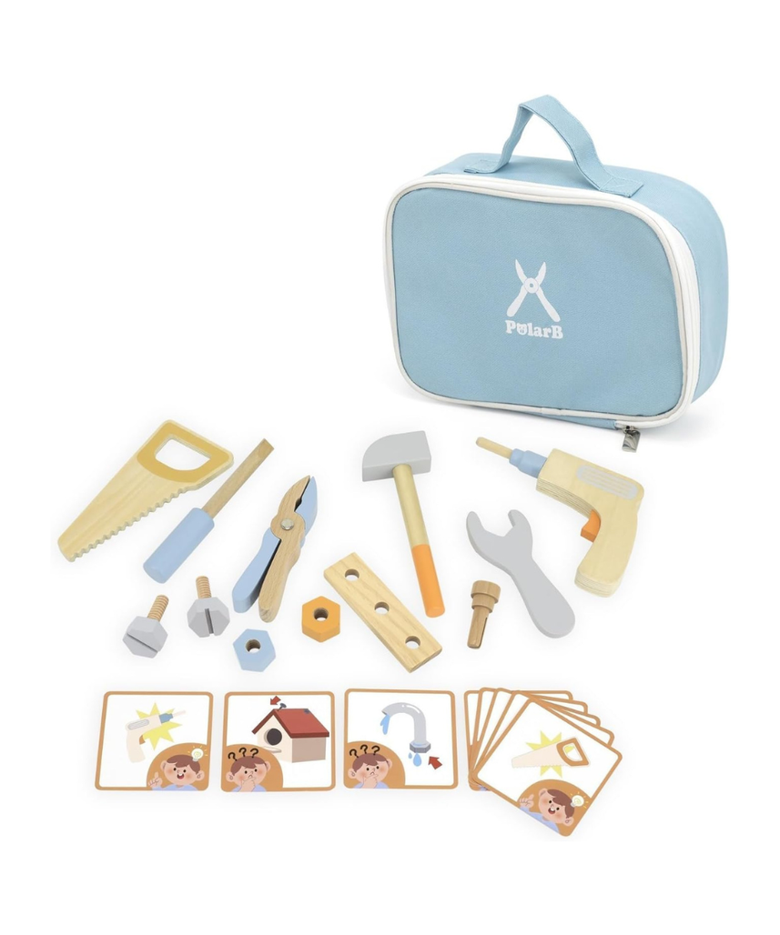 PolarB Wooden Tool Set for Kids, Educational STEM Pretend Play Tools, Safe Wooden Toy Set for Children 3 to 10 Years