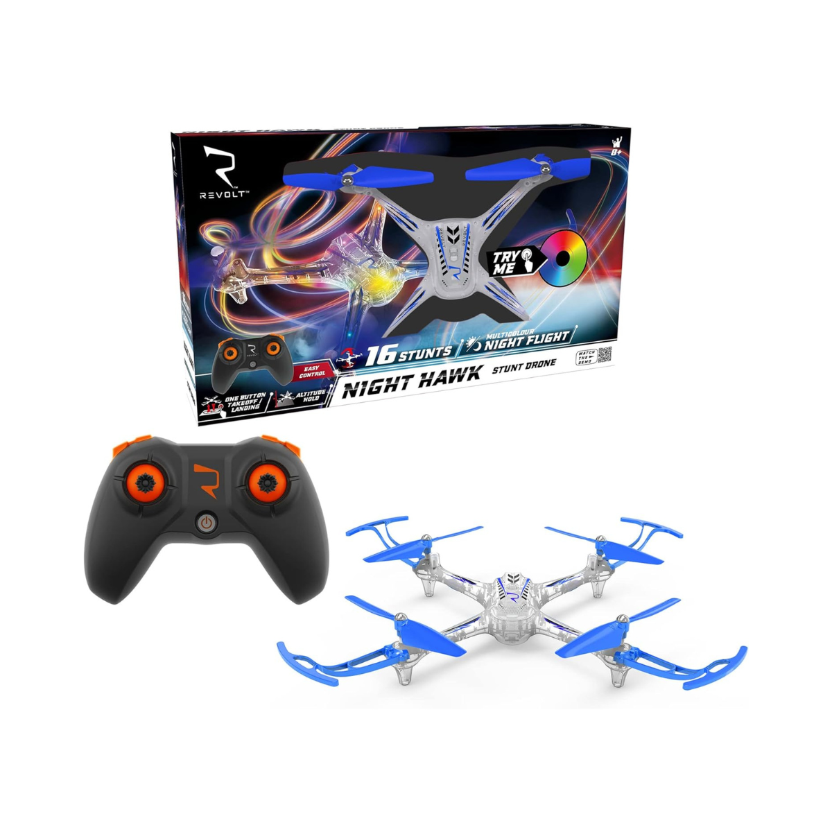 SYMA 4 Channel Auto Hover RC Stunt Drone, REVOLT R/C X15T Night Hawk, 16 Stunts, 6 Light Patterns, One-Key Takeoff & Landing, Altitude Hold, Blue/Orange, Ages 8+