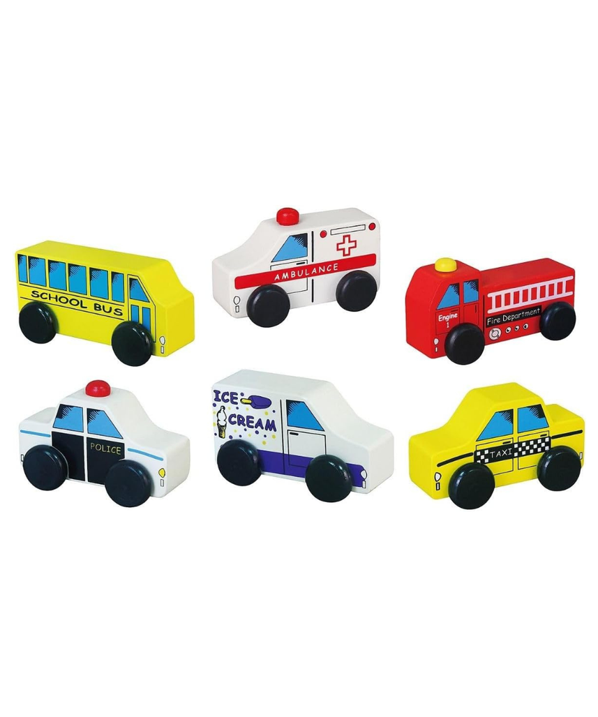 Viga Wooden City Vehicles Toy Set 6 Piece, Multicolor Wooden Cars for Kids, Educational Pretend Play Vehicles for Toddlers