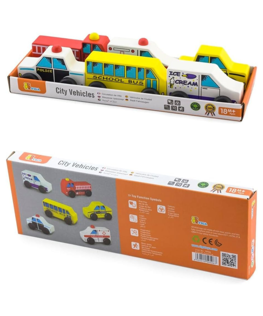 Viga Wooden City Vehicles Toy Set 6 Piece, Multicolor Wooden Cars for Kids, Educational Pretend Play Vehicles for Toddlers