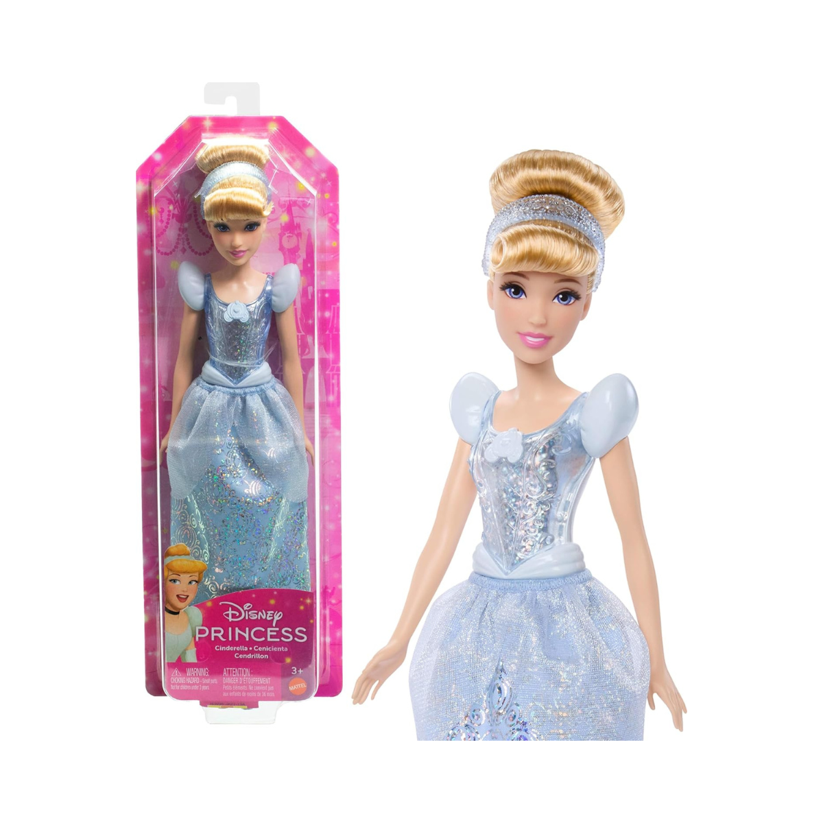 Mattel Disney Princess Cinderella Doll, Posable Fashion Doll with Removable Skirt, Shoes and Tiara, Brushable Hair, Ages 3+