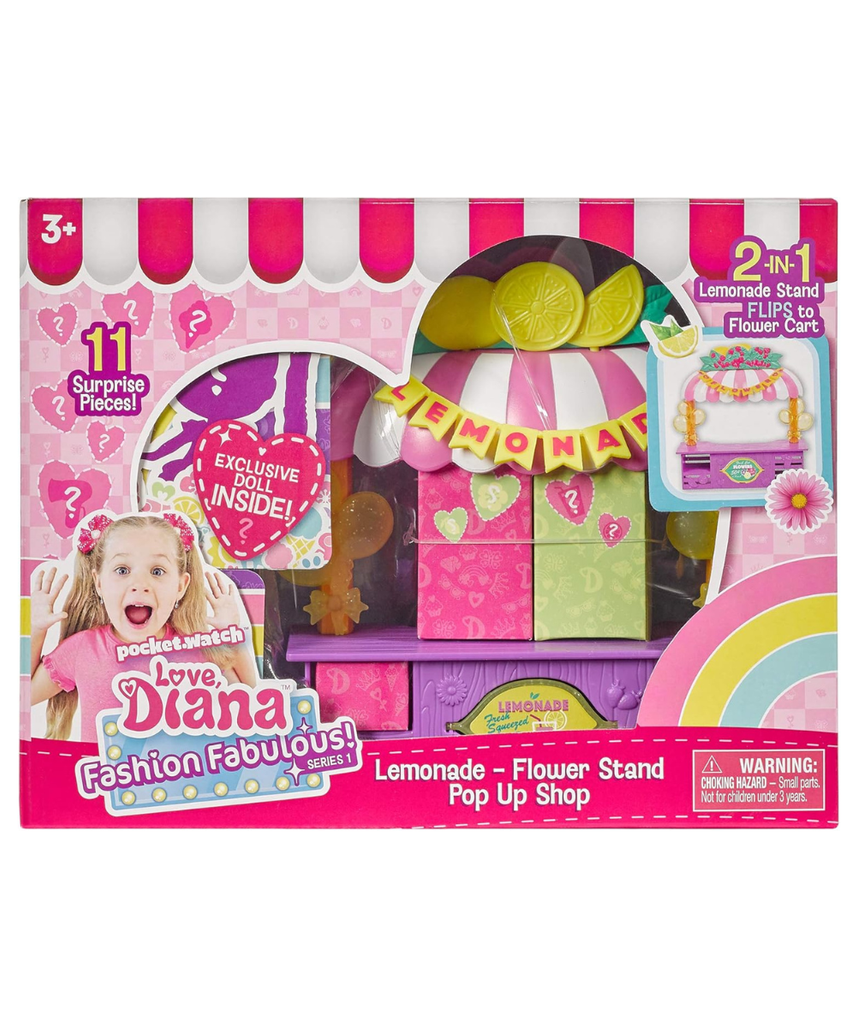 Far Out Toys Love Diana 3.5 Inch Collectible Doll Playset with 2-in-1 Lemonade and Flower Stand and 11 Surprise Accessories for Kids Ages 3 and Up