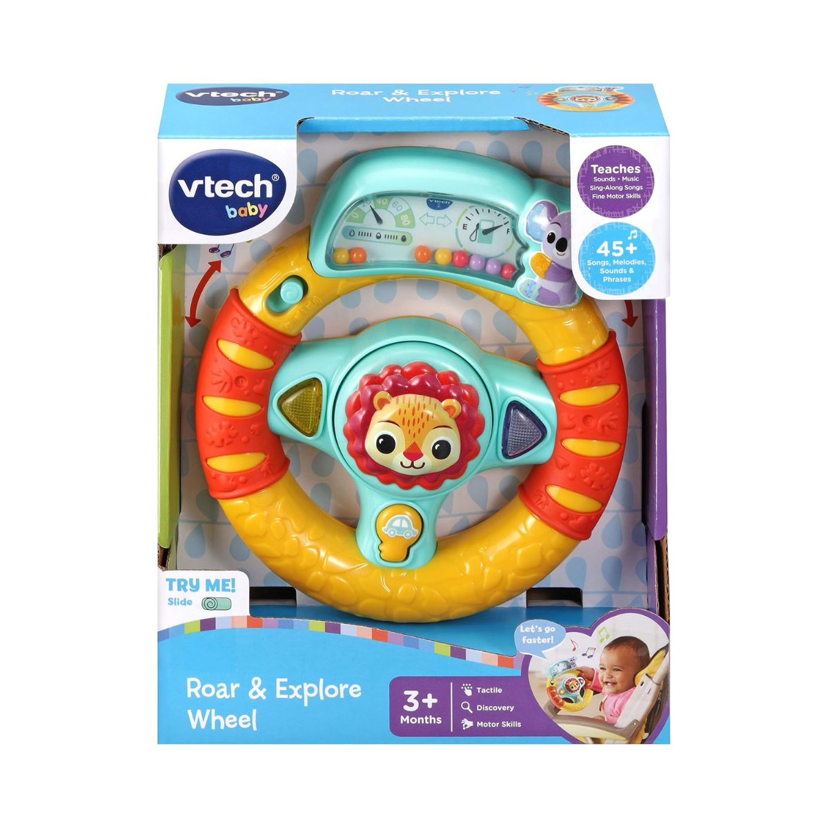 VTech Baby Roar and Explore Wheel Interactive Steering Wheel Toy with Lights Sounds Songs for Pushchairs and Car Seats 3 Months+