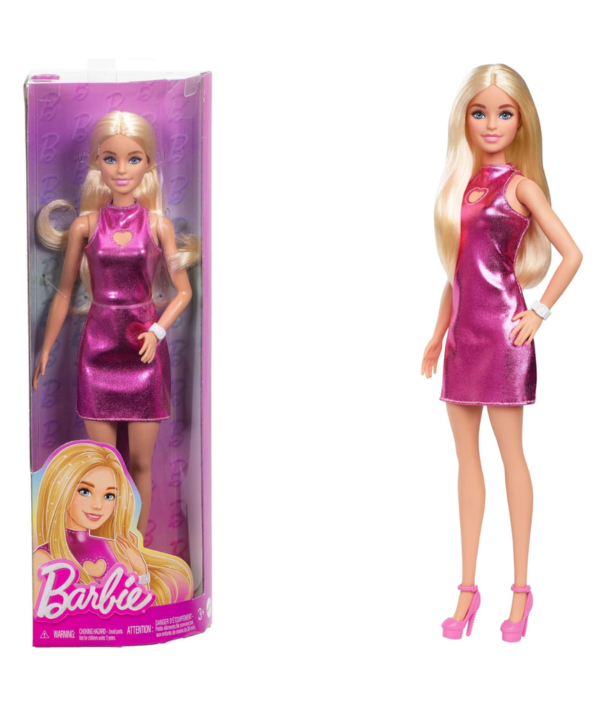 Barbie Fashionistas Doll #230 with Blond Hair, Wearing Metallic Pink Minidress with Heart Cut-Out, White Bracelet and Heels