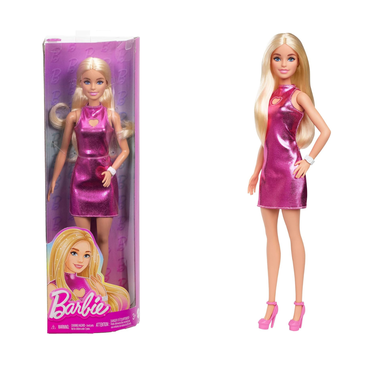 Barbie Fashionistas Doll #230 with Blond Hair, Wearing Metallic Pink Minidress with Heart Cut-Out, White Bracelet and Heels