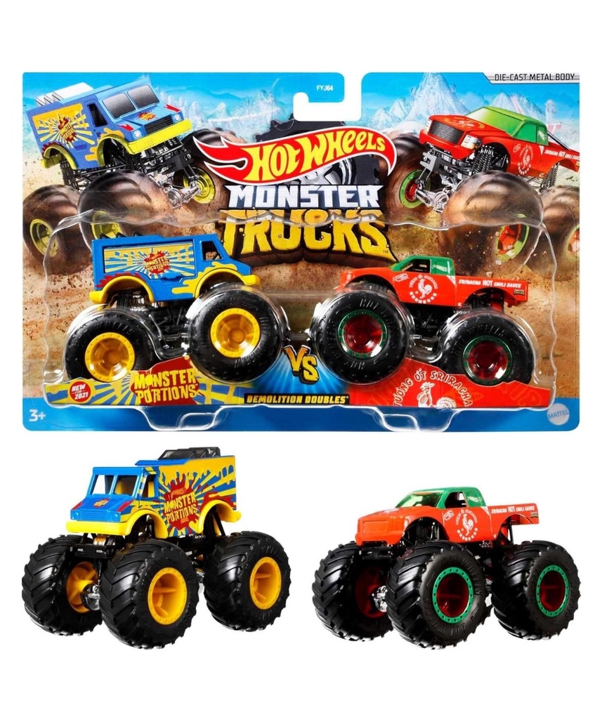 Hot Wheels Monster Trucks Demolition Doubles 1:64 Scale 2-Pack Assortment, Rival Trucks for Head-to-Head Play, Collectible Toy Vehicles, 3+