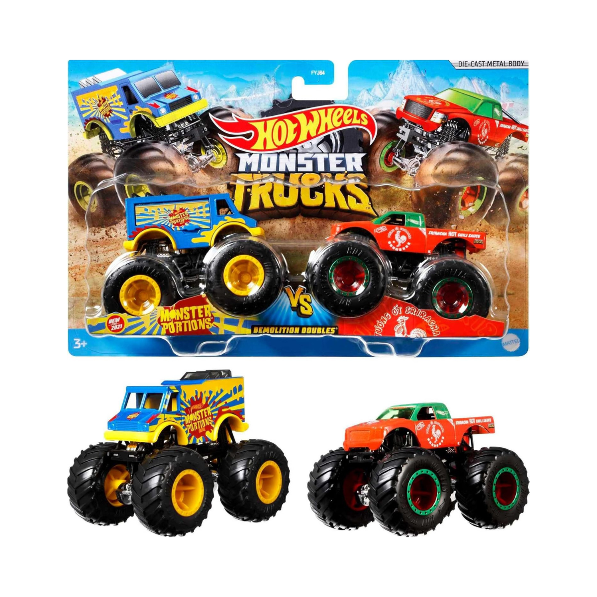 Hot Wheels Monster Trucks Demolition Doubles 1:64 Scale 2-Pack Assortment, Rival Trucks for Head-to-Head Play, Collectible Toy Vehicles, 3+