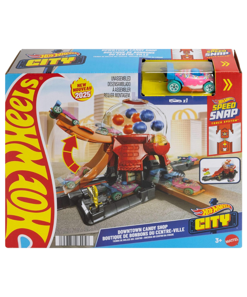 Hot Wheels City Downtown Candy Shop Playset 1:64 Scale Vehicle Track Set with Gravity Ramp, Interactive City Play, 3+
