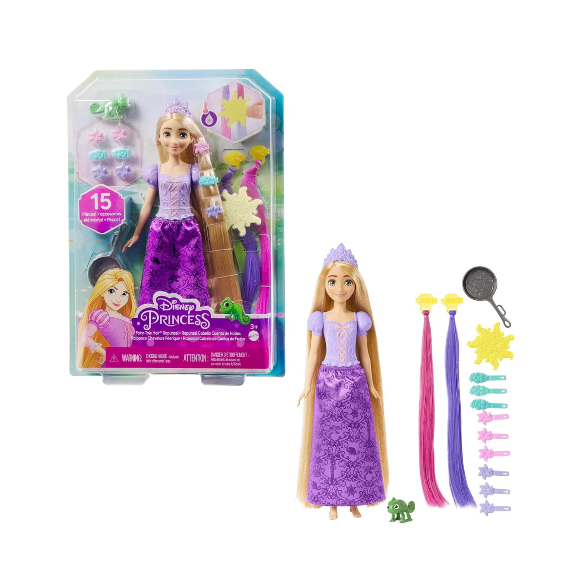 Mattel Disney Princess Toys, Doll Color Change Extensions and Hair Styling Pieces, Inspired by the Disney Movie, HLW18 Rapunzel With Hair Accessories