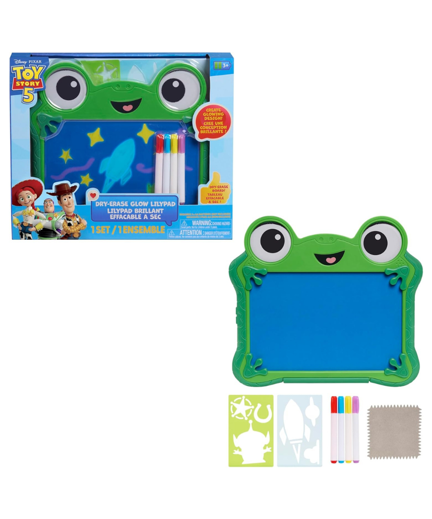 Disney and Pixar Toy Story 5 Dry Erase Glow Lilypad Drawing Board with Neon Markers and Stencils, Reusable Light-Up Drawing Tablet for Kids, Ages 3+