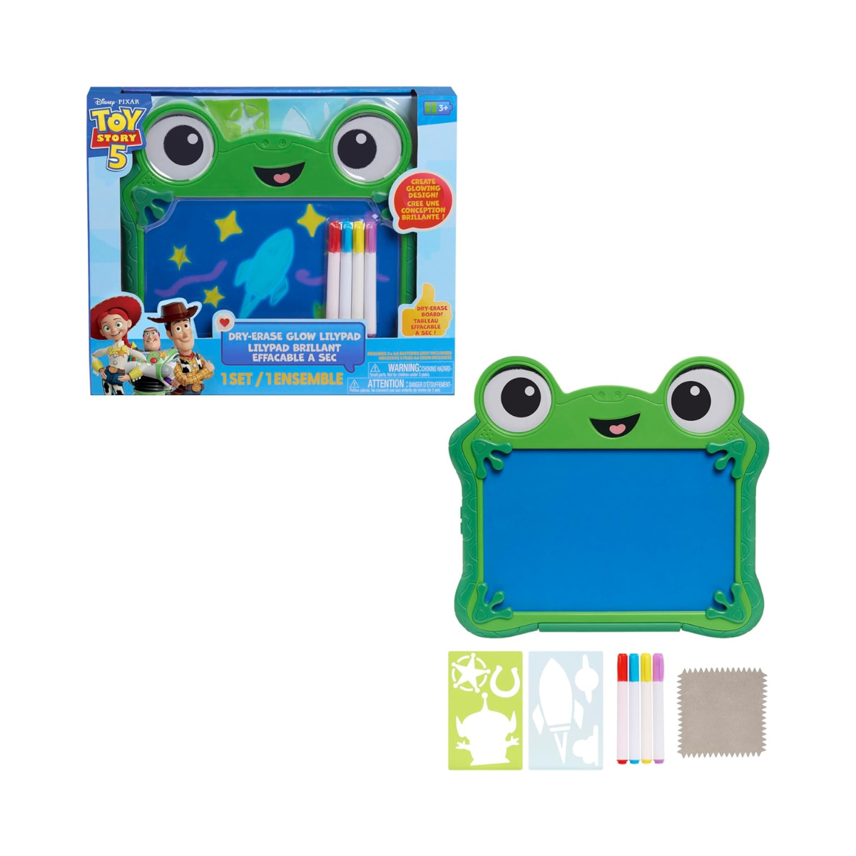 Disney and Pixar Toy Story 5 Dry Erase Glow Lilypad Drawing Board with Neon Markers and Stencils, Reusable Light-Up Drawing Tablet for Kids, Ages 3+