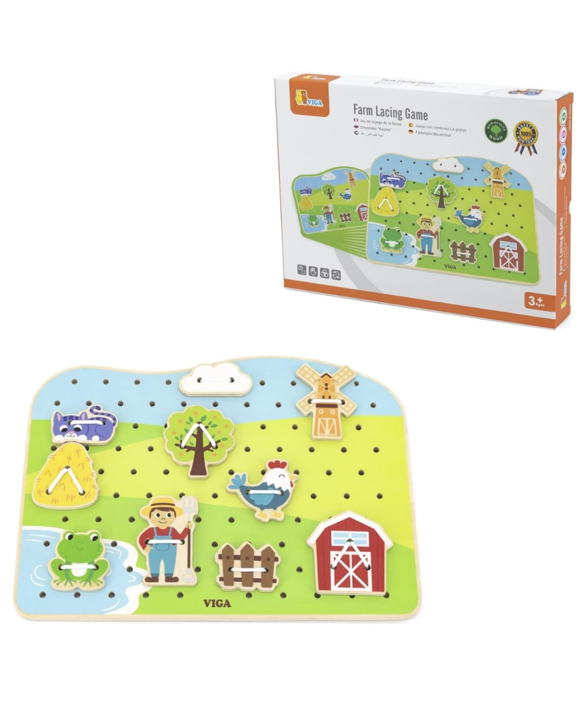 Viga Wooden Farm Lacing Game Set, Educational Wooden Threading Toy with 20 Lacing Plates, 3 Threads and 10 Pattern Cards, Fine Motor Skills Activity for Kids, Ages 2+