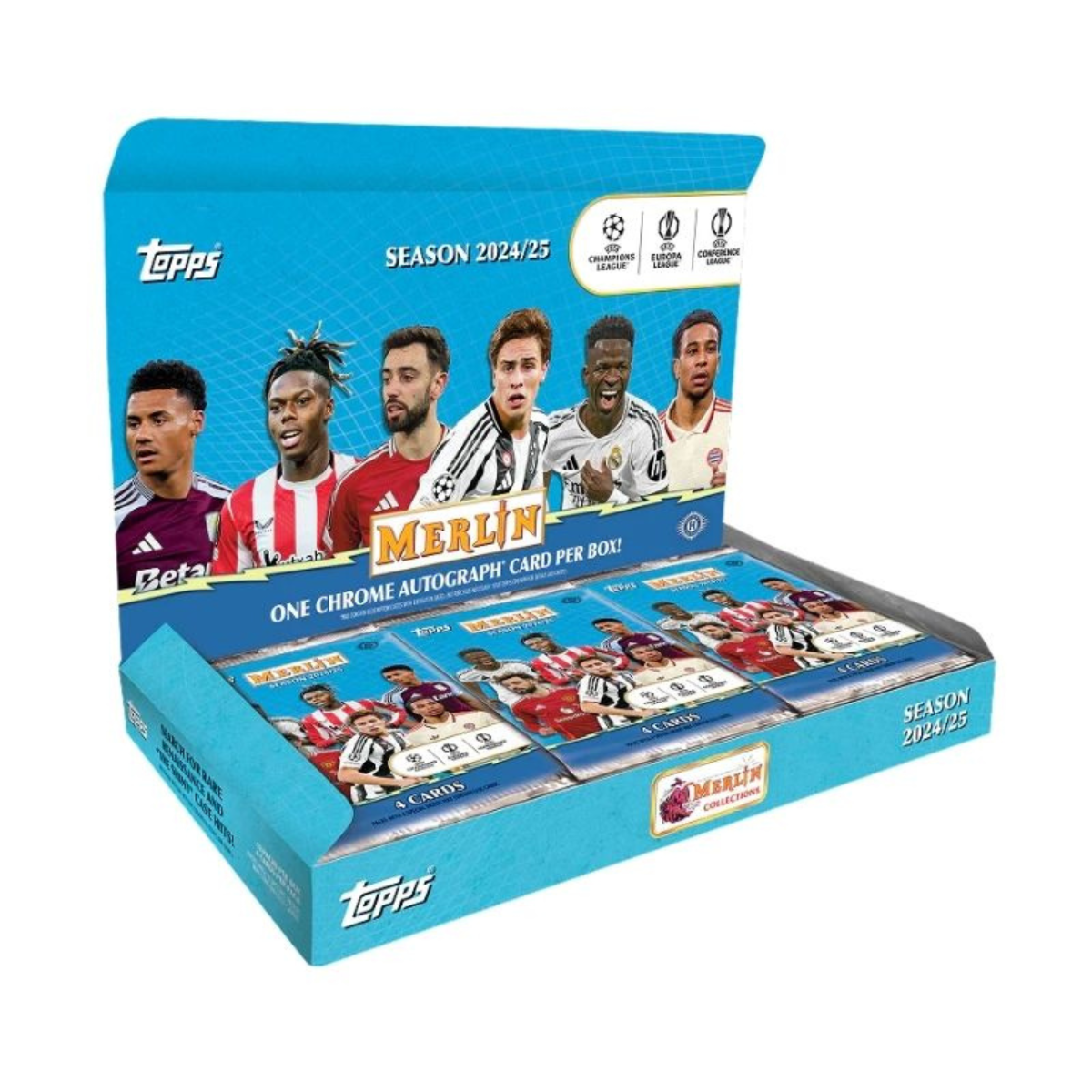 2024-25 Topps Chrome Merlin UEFA Club Competitions Soccer Hobby Box, Official UEFA Trading Cards with 1 Autograph Card, Exclusive Atomic Refractor Parallels, 6+ Years