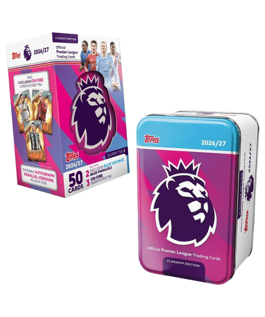Topps Premier League 2027 Super Tin – Purple, 50 Trading Cards with 3 On Fire Inserts and 2 Exclusive Blue Voltage Parallels, Premier League Football Collection, 6+ Years