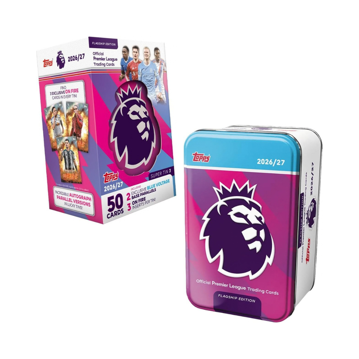 Topps Premier League 2027 Super Tin – Purple, 50 Trading Cards with 3 On Fire Inserts and 2 Exclusive Blue Voltage Parallels, Premier League Football Collection, 6+ Years